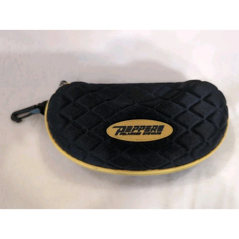 Peppers Eyewear black yellow sunglasses clamshell zippered case lanyard clip